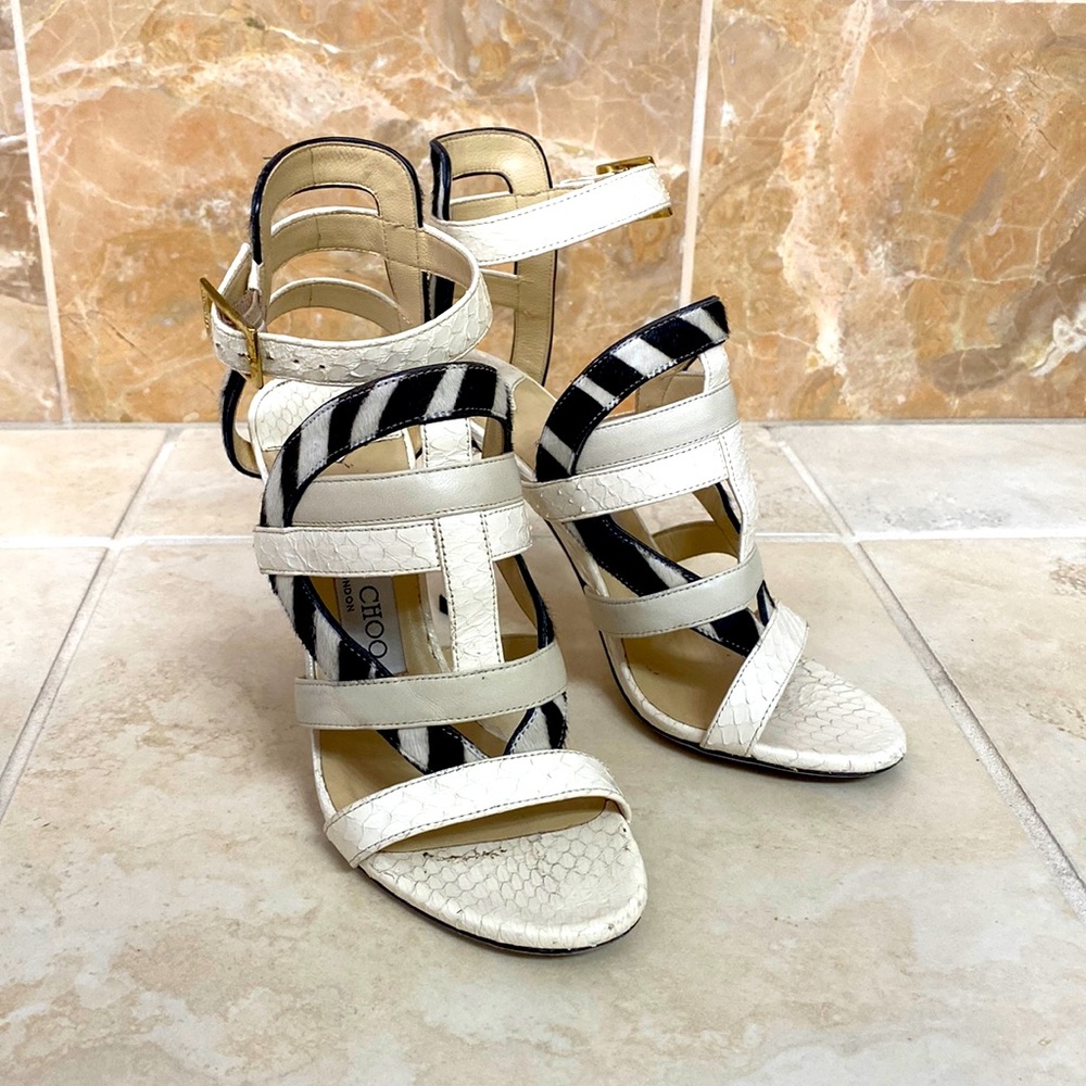 Jimmy Choo White and Zebra Stripe Strappy Heels